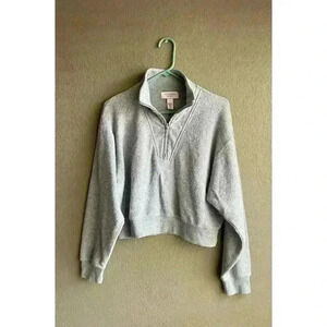 Victoria Secret Pink Women Size L Gray Cropped Cotton 1/2 Zip Pullover